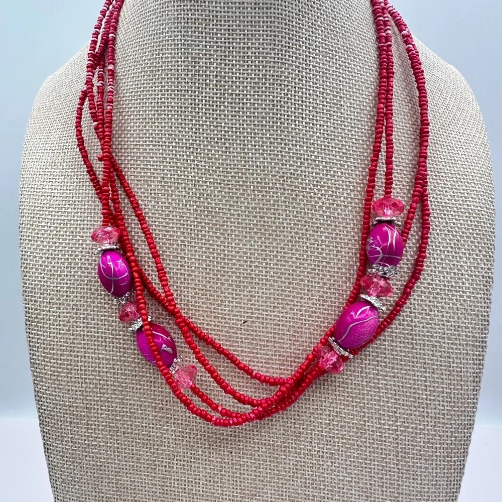 Vintage Y2K Silver Tone Multi Strand Red & Pink Beaded Necklace Jewelry